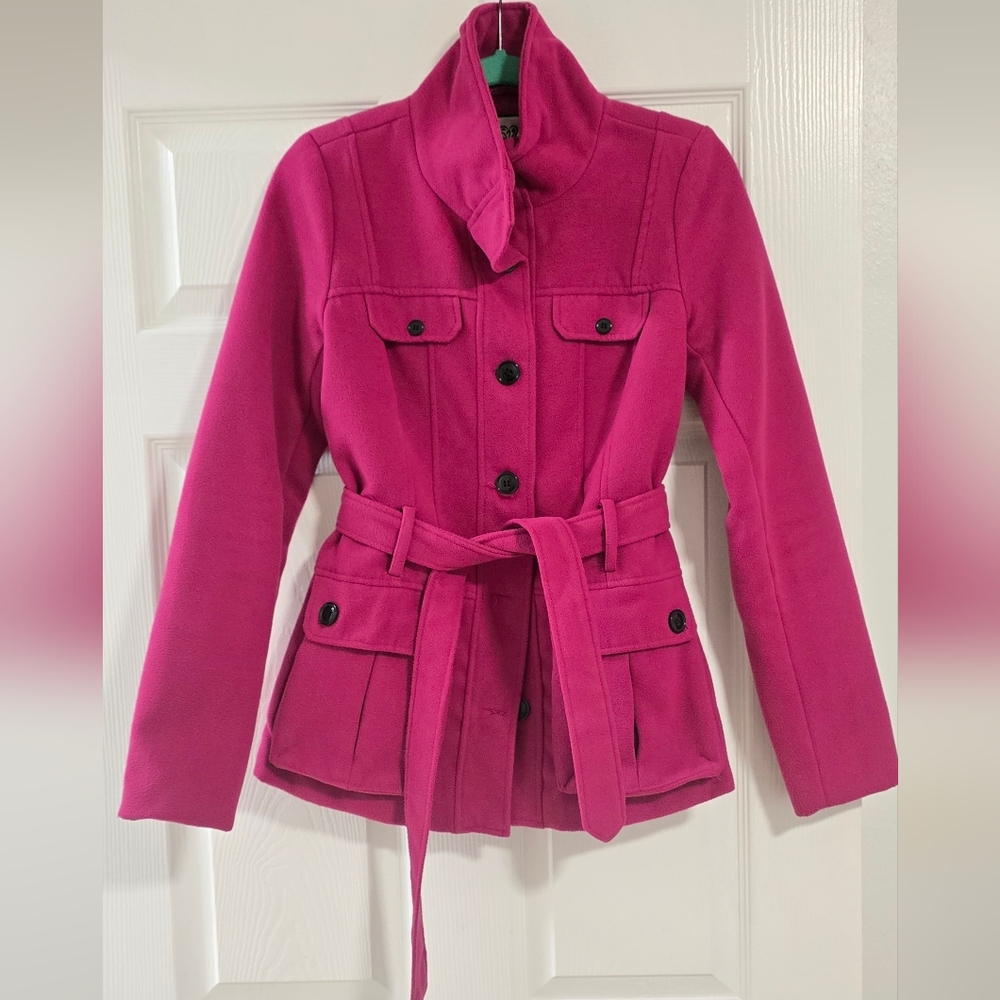 Fuchsia Belted Peacoat, Size S, Statement Winter Coat